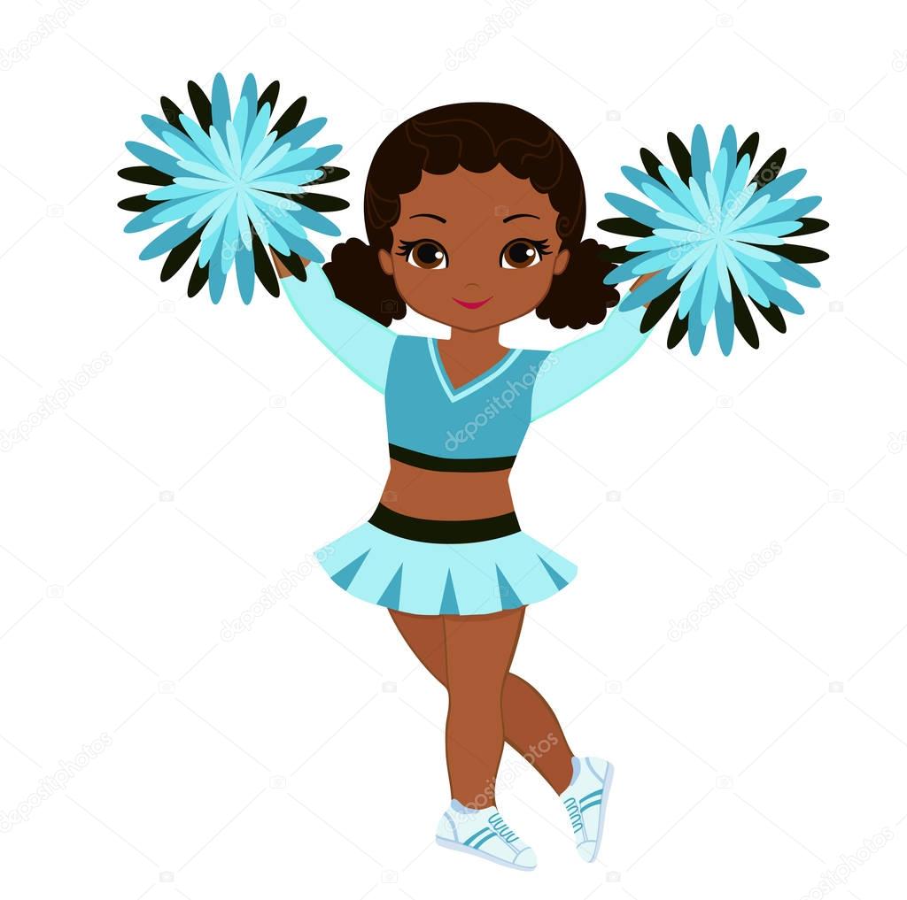 Cheerleader in turquoise uniform with Pom Poms.