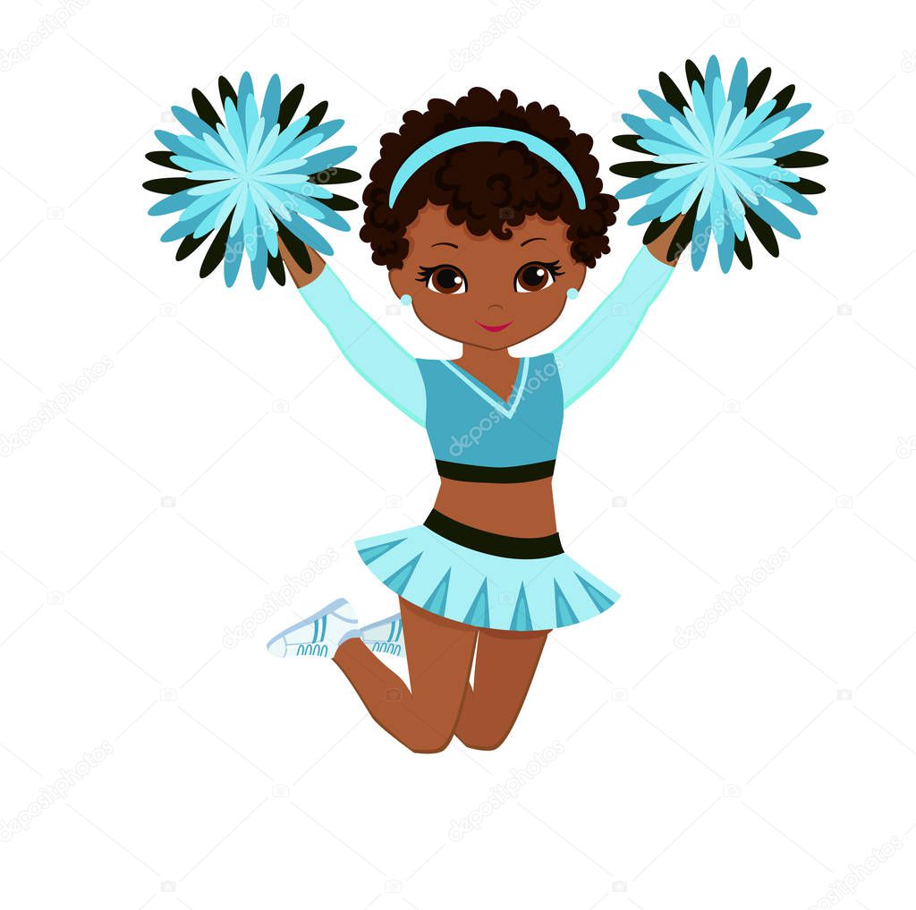 Cheerleader in turquoise uniform with Pom Poms.