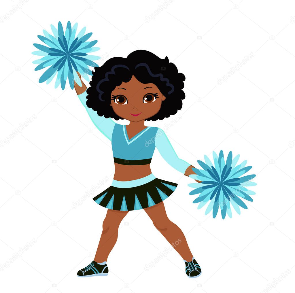 Cheerleader in turquoise uniform with Pom Poms.