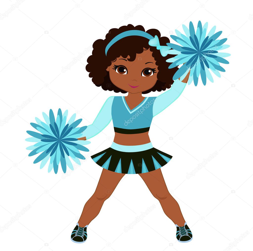 Cheerleader in turquoise uniform with Pom Poms.