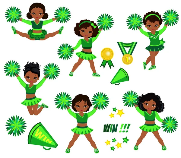 Animadoras equipo de niñas .Cheerleading uniforme vector verde ilustración . — Vector de stock