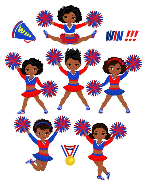 Cheerleadears ομάδα των κοριτσιών. Μαζορέτες ομοιόμορφο κόκκινο μπλε διανυσματικά εικονογράφηση. — Διανυσματικό Αρχείο