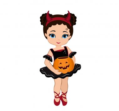 Şeytan kostümlü siyah balerin. Cadılar Bayramı çocuklar hüner ya da tedavi içinde Halloween kılık.
