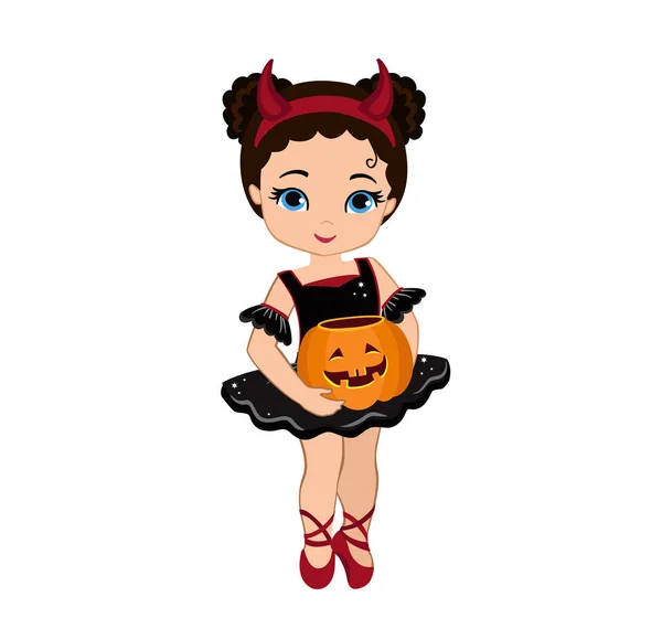 Bailarina Negra Disfrazada Demonio Halloween Niños Truco Tratar Disfraz Halloween — Vector de stock