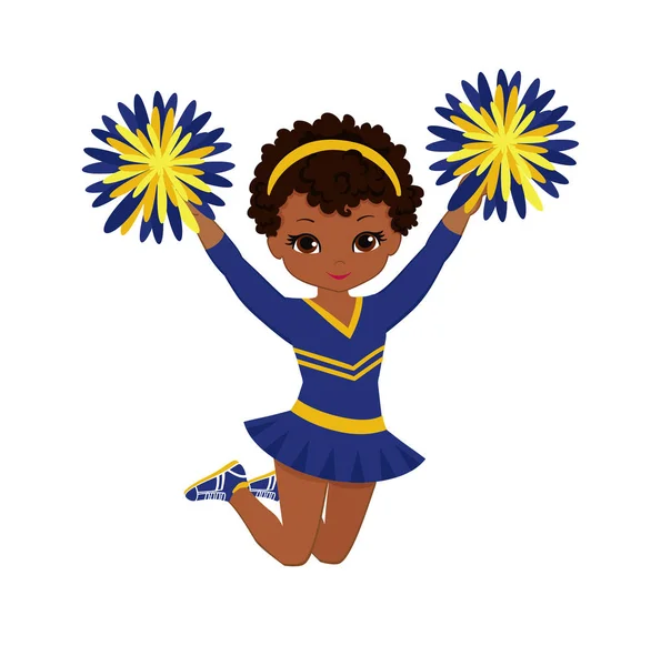 Cheerleader in uniforme blu e gialla con Pom Poms. Illustrazione vettoriale isolata su sfondo bianco . — Vettoriale Stock