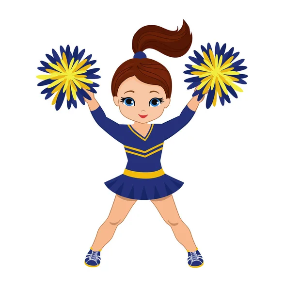 Cheerleader in uniforme blu e gialla con Pom Poms. Illustrazione vettoriale isolata su sfondo bianco . — Vettoriale Stock