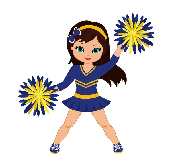 Cheerleader in blauw en geel uniform met Pom Poms. Vectorillustratie geïsoleerd op witte achtergrond. — Stockvector