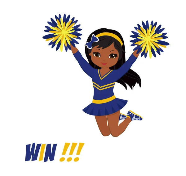 Cheerleader in uniforme blu e gialla con Pom Poms. Illustrazione vettoriale isolata su sfondo bianco . — Vettoriale Stock