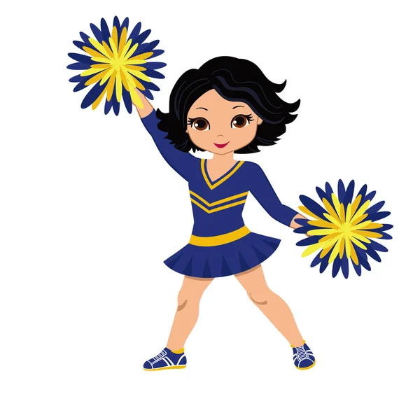 Cheerleader in blauw en geel uniform met Pom Poms. Vectorillustratie geïsoleerd op witte achtergrond. — Stockvector