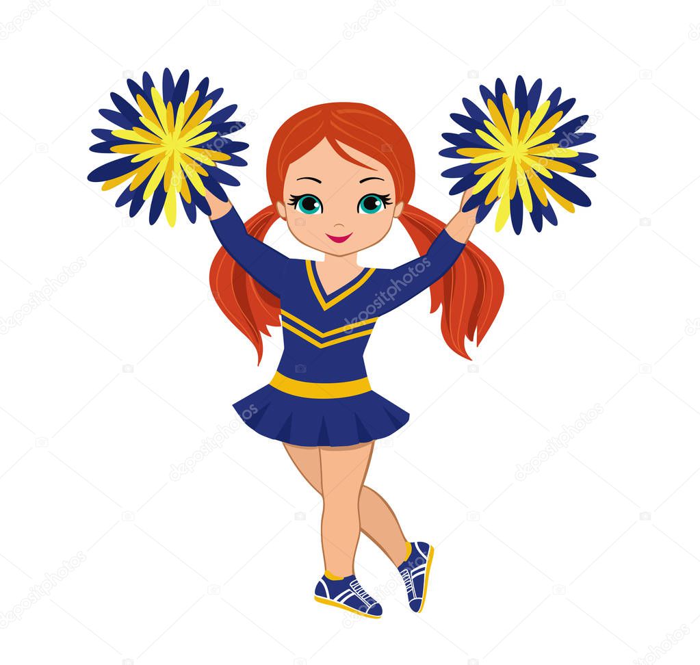 Cheerleader in blue and yellow uniform with Pom Poms. Vector illustration isolated on white background.