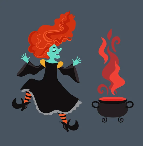 Rothaarige Hexe in schwarzem Kleid und Umhang . — Stockvektor