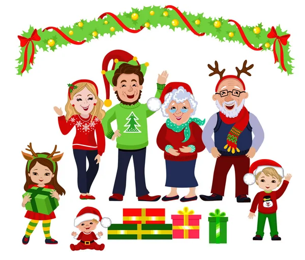 Retrato de una feliz familia navideña juntos. Ilustración vectorial aislada sobre fondo blanco . — Vector de stock