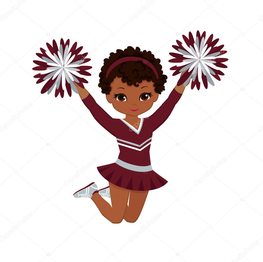 Cheerleader in maroon and silver uniform with Pom Poms. Vector illustration isolated on white background.