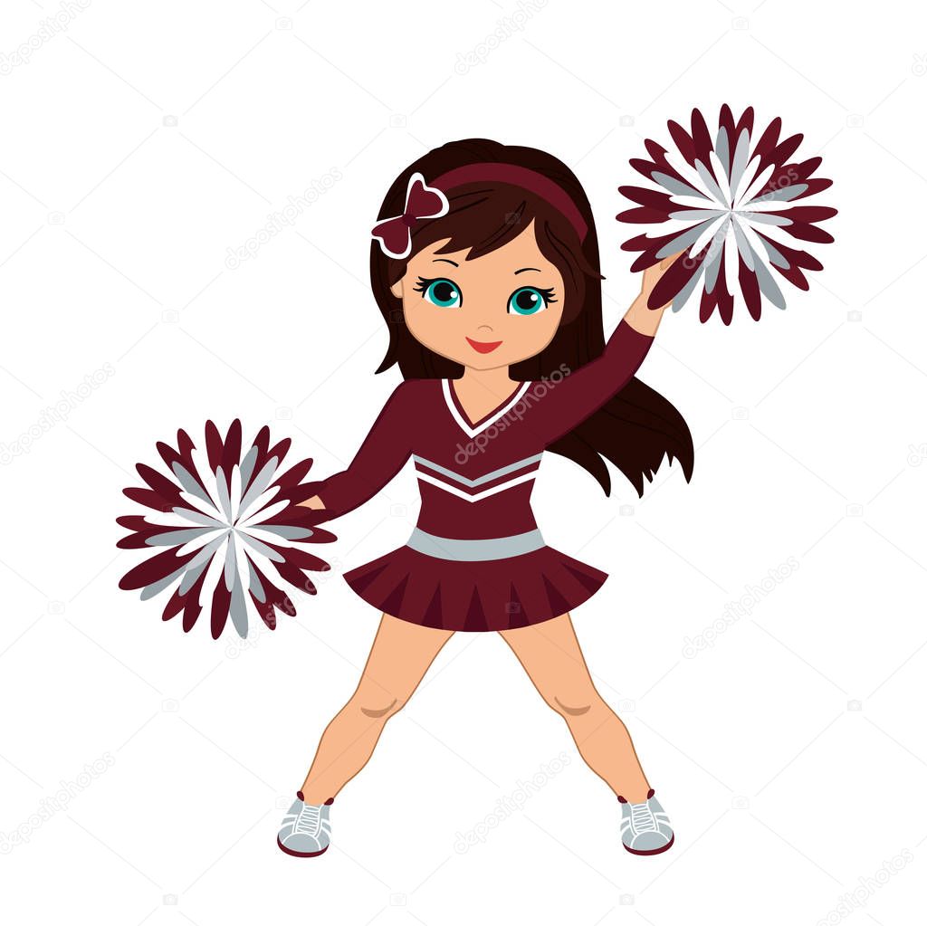 Cheerleader in maroon and silver uniform with Pom Poms. Vector illustration isolated on white background.