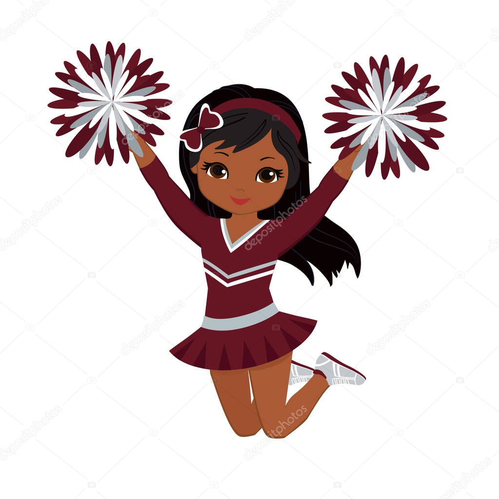 Cheerleader in maroon and silver uniform with Pom Poms. Vector illustration isolated on white background.