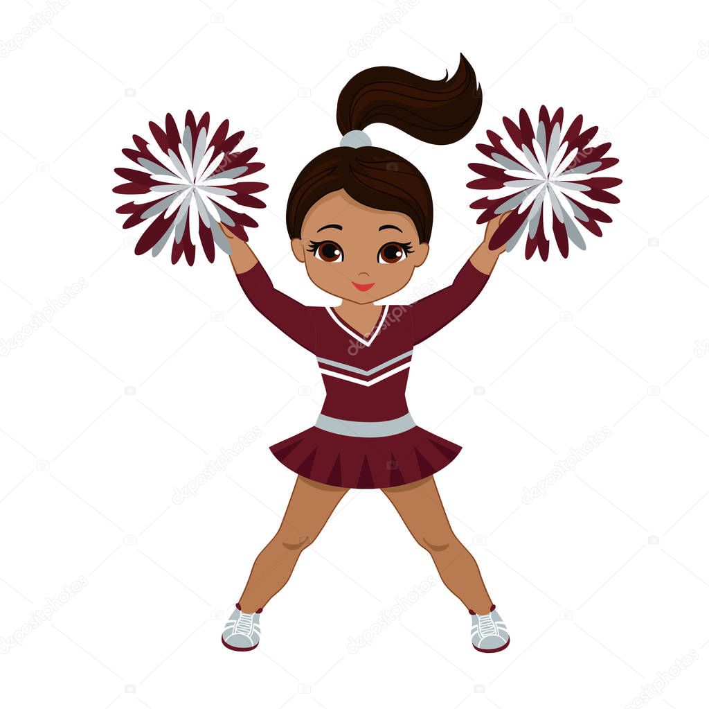 Cheerleader in maroon and silver uniform with Pom Poms.