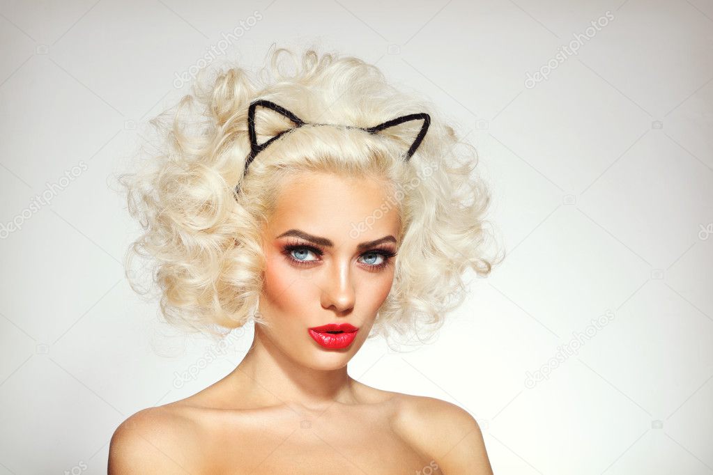 Sexy blonde with cat ears headband