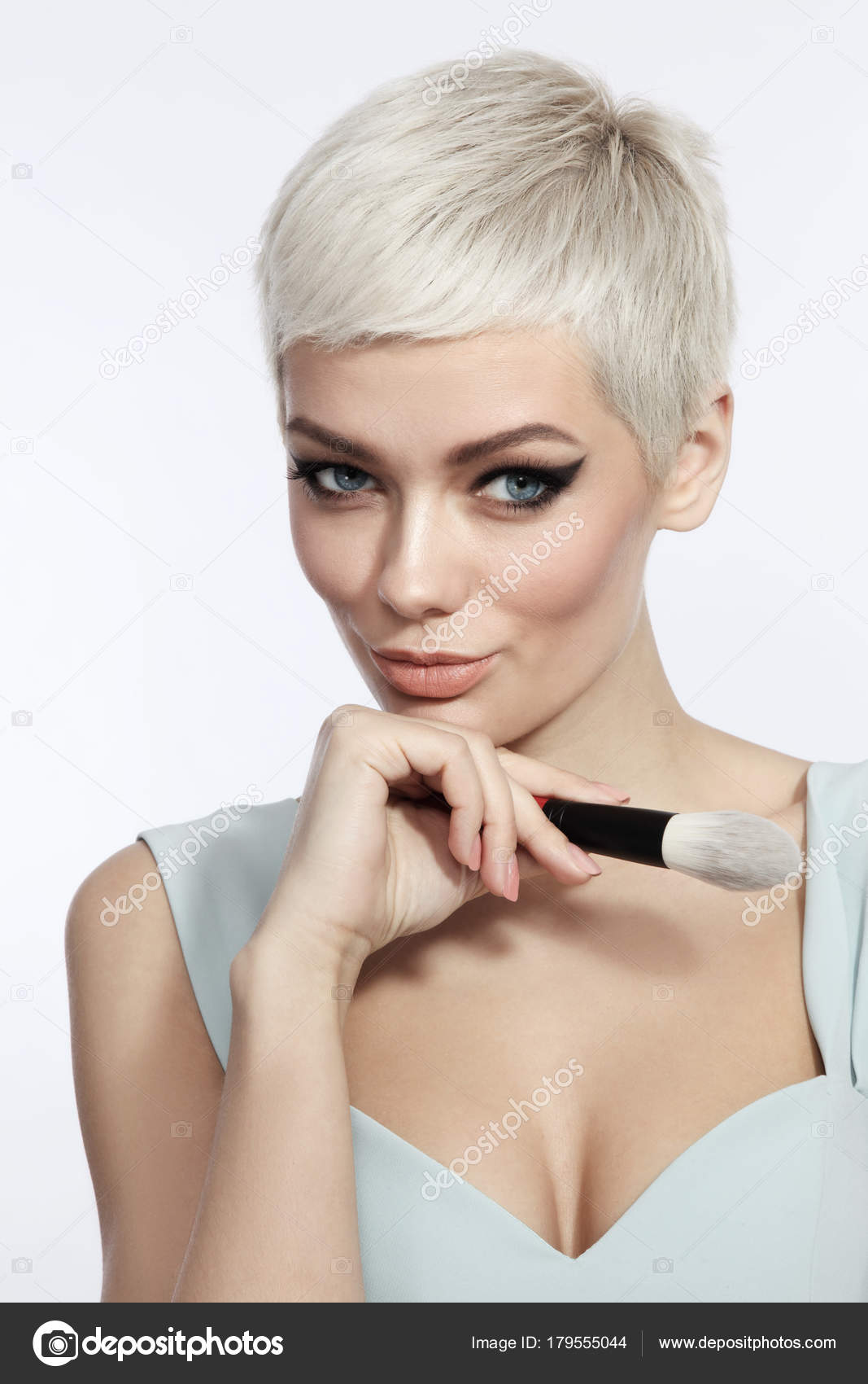 Young Beautiful Tanned Woman Stylish Cat Eye Make Platinum Blonde