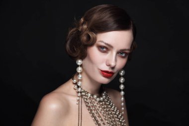 Vintage style portrait of young beautiful woman with fancy pearl earrings and necklace clipart