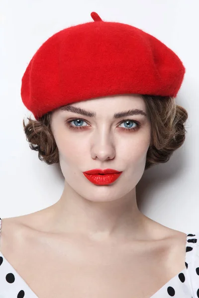 Vintage Style Portrait Young Beautiful Woman Red Lips — Stock Photo, Image
