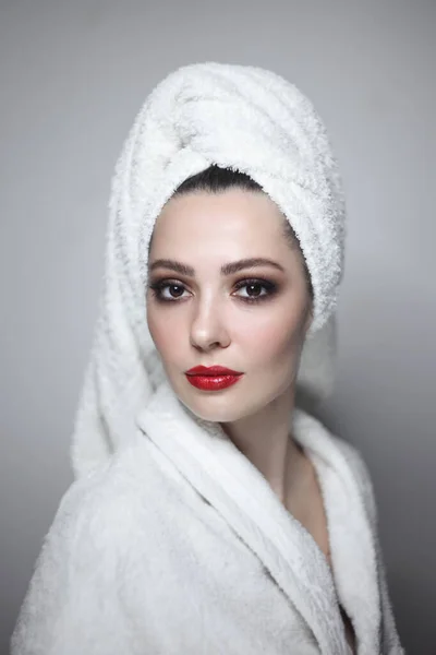 Young Beautiful Woman Prom Makeup Wearing White Bathrobe Towel Turban — Stock Photo, Image
