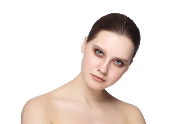 Portrait Young Beautiful Woman Smoky Eye Makeup White Background — Stock Photo, Image