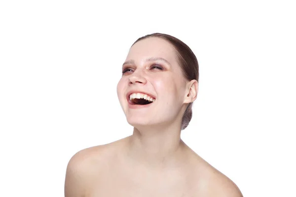 Portrait Young Woman Laughing Out Loud White Background — Stock Photo, Image