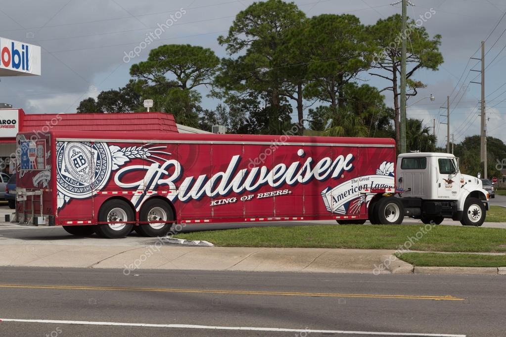 JACKSONVILLE BEACH, FLORIDA - OCTOBER 15, 2016: A Budweiser delivery truck making its rounds. Budweiser is an American beer produced by American brewer Anheuser-Busch. Budweiser is one of the highest selling beers in the United States.