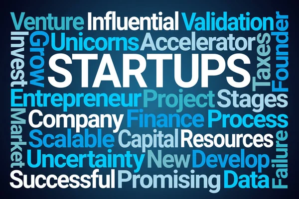 Startups Word Cloud Sobre Fondo Azul — Foto de Stock