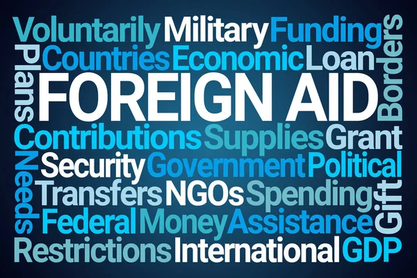 Foreign Aid Word Cloud Sfondo Blu — Foto Stock