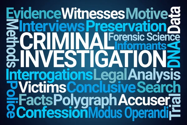 Investigação Criminal Word Cloud Fundo Azul — Fotografia de Stock