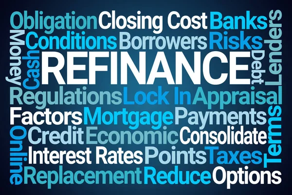 Refinance Word Cloud Blue Háttér — Stock Fotó