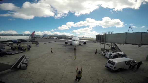 Самолет прибывает в терминал — стоковое видео