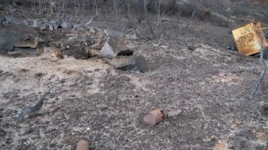 Geniş açı kaydırma üzerinde yanmış kalıntılar söndürülmesi güç ateş looking vurdu / California Thomas ateşten kaydırma bir atış bir çiftlik kalıntılara bakarak yok.