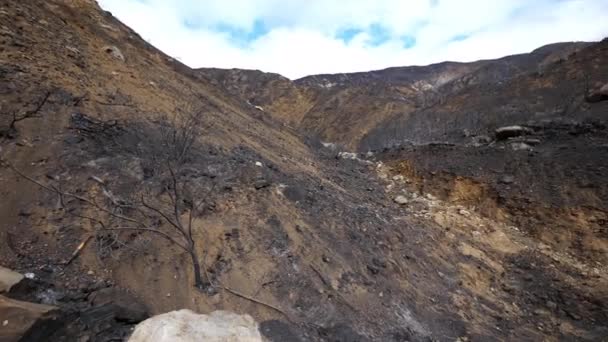 カリフォルニア州のトーマス 火災から丘の中腹を焼け焦げた丘の中腹の景色をカリフォルニアの山火事から広角パン — ストック動画