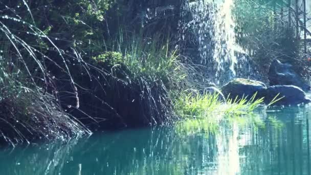 Close Calmo Lago Sereno Com Cachoeira Uma Vista Perto Uma — Vídeo de Stock
