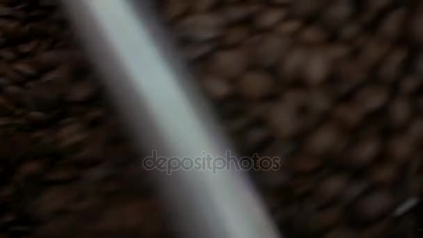 Freshly roasted coffee beans falling into a spinning cooler — Stock Video