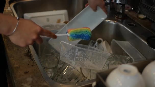 Trabajador lava platos en una cocina de restaurante — Vídeo de stock