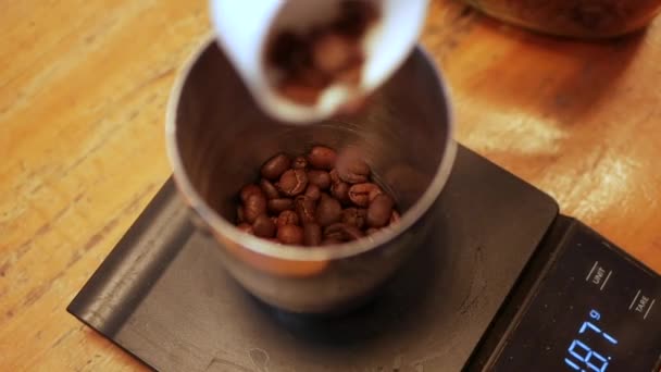 Barista fait l'acrobatie pas à pas. Barista pèse les grains de café sur une balance pour faire du café. Brassage professionnel de café alternatif dans un café — Video