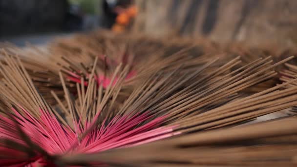 Les bâtonnets d'encens nouvellement fabriqués sont séchés au soleil avant d'être emballés et envoyés dans les magasins. Production d'encens en Asie. Art traditionnel et concept de culture — Video
