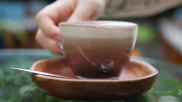 Vrouwelijke hand neemt kopje cappuccino met kaneel in café. Koffiepauze. Close-up — Stockvideo