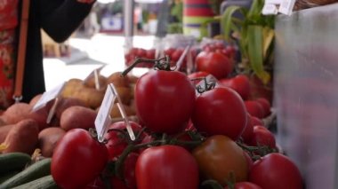 Kadın yerel çiftçi pazarında taze organik sebze arıyor ve topluyor.