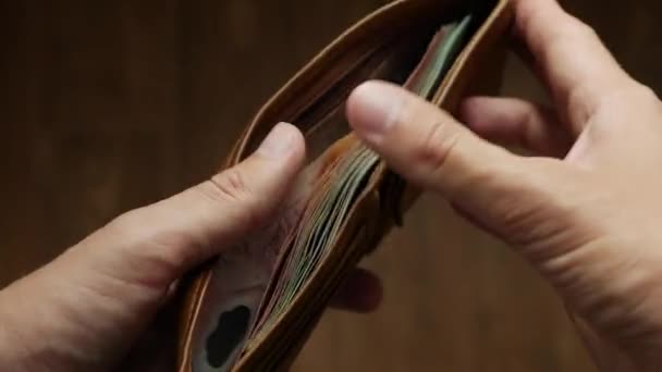 Peníze v peněžence. Muž počítající Vietnamské bankovky. Spoustu peněz. Finanční koncept. Detailní záběr. 4k — Stock video