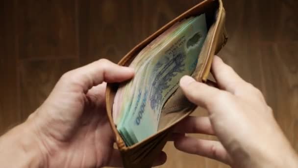 Pieniądze w portfelu. Facet liczy wietnamskie banknoty. Dużo gotówki. Koncepcja finansowa. Zbliżenie. 4k — Wideo stockowe