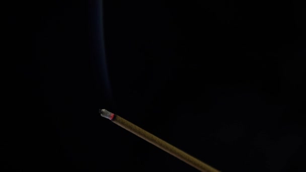 Close-up view of burning incense stick. Smoke blows from end of hot ember. Scent released from incense on black background. Relaxation, meditation and aromatherapy. 4k — Stock Video