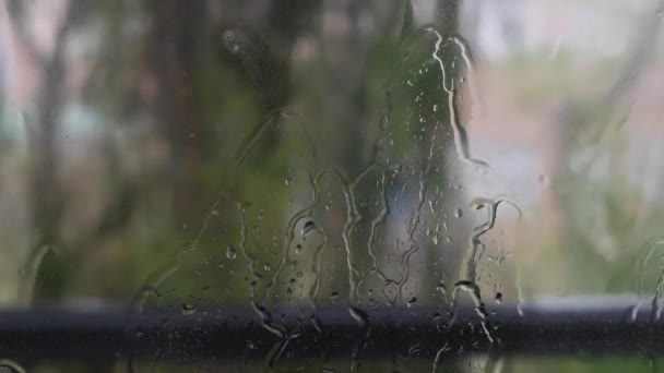 Şiddetli yağmur suyu pencere camlarına ve akıntıya karşı akar. Yakın plan. Yağmur mevsiminde cam zemin üzerinde yağmur damlaları. 4k — Stok video