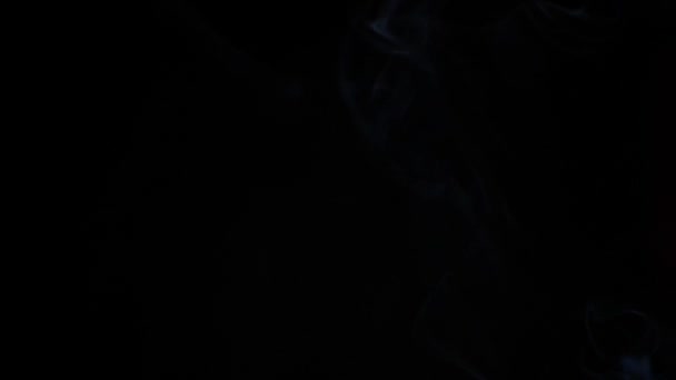 Close-up view of burning incense stick. Smoke blows from end of hot ember. Scent released from incense on black background. Relaxation, meditation and aromatherapy — Stock Video