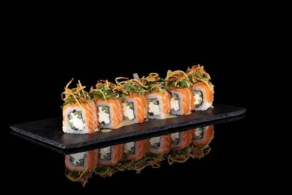 Rolls Sushi Black Background Reflection Basalt Asian Food Japan Food — Stock Photo, Image