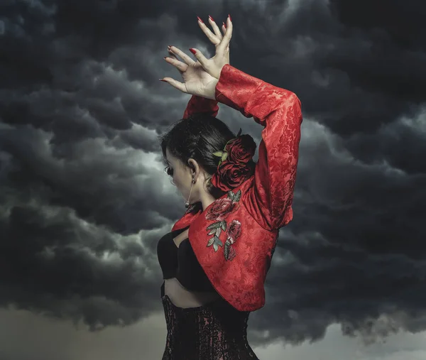 Dançarina espanhola de flamenco com fundo tempestade — Fotografia de Stock