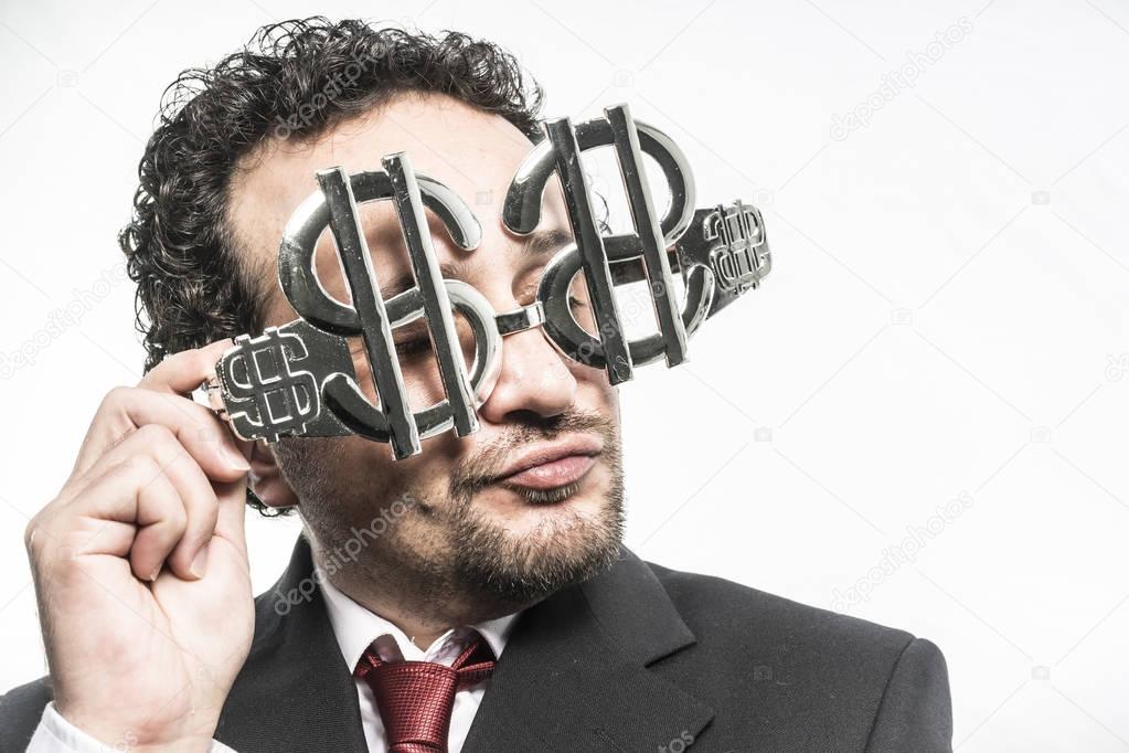 businessman with dollar-shaped glasses